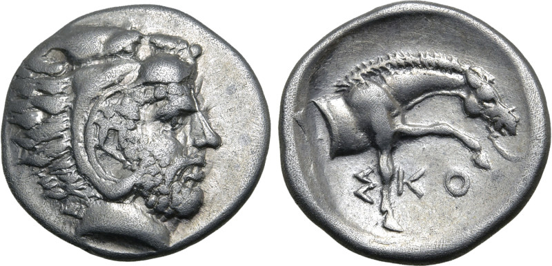 Thessaly, Skotussa AR Hemidrachm. Circa 400-380 BC. Archaising head of Herakles ...