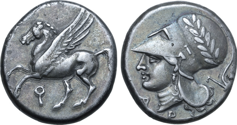 Corinthia, Corinth AR Stater. Circa 345-307 BC. Pegasos flying to left; Ϙ below ...