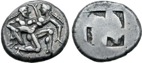 Islands off Thrace, Thasos AR Stater. Circa 500-480 BC. Nude satyr in kneeling-running stance to right, carrying off a protesting nymph / Quadripartit...