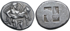 Islands off Thrace, Thasos AR Stater. Circa 500-480 BC. Nude satyr in kneeling-running stance to right, carrying off a protesting nymph / Quadripartit...