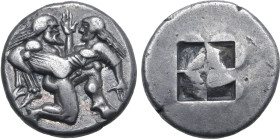 Islands off Thrace, Thasos AR Stater. Circa 480-463 BC. Nude satyr in kneeling-running stance to right, carrying off a protesting nymph / Quadripartit...