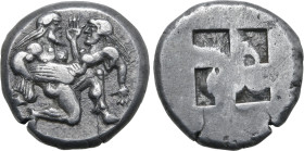 Islands off Thrace, Thasos AR Stater. Circa 480-463 BC. Nude satyr in kneeling-running stance to right, carrying off a protesting nymph / Quadripartit...