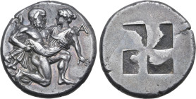 Islands off Thrace, Thasos AR Stater. Circa 412-404 BC. Bald-headed and nude Satyr in kneeling-running stance to right, carrying off protesting nymph;...