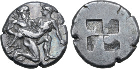 Islands off Thrace, Thasos AR Stater. Circa 412-404 BC. Bald-headed and nude Satyr in kneeling-running stance to right, carrying off protesting nymph;...