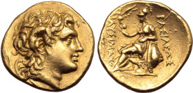 Kings of Thrace, Lysimachos AV Stater. Uncertain mint (Kallatis or Kalchedon), circa 305-281 BC or later. Diademed head of the deified Alexander to ri...