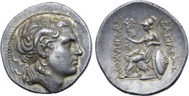 Kings of Thrace, Lysimachos AR Tetradrachm. Amphipolis, circa 288-281 BC. Diademed head of the deified Alexander to right, with horn of Ammon / Athena...