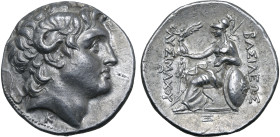 Kings of Thrace, Lysimachos AR Tetradrachm. Pergamon, circa 287-282 BC. Diademed head of the deified Alexander to right, with horn of Ammon; K below n...