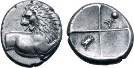 Thracian Chersonesos, 'Kardia' AR Hemidrachm. Circa 357-320 BC. Forepart of lion to right, head reverted / Quadripartite incuse square with alternatin...