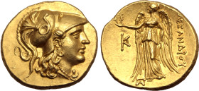 Moesia, Kallatis AV Stater. In the name and types of Alexander III of Macedon. Circa 220-225 BC. Head of Athena to right, wearing triple-crested Corin...