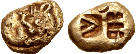 Skythia, Borysthenes EL Stater. Circa 550-500 BC. Lydo-Milesian standard. Lion curled in foetal position / Two incuse squares with geometric patterns;...