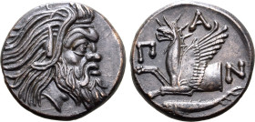 Kimmerian Bosporos, Pantikapaion Æ 20mm. Circa 325-310 BC. Head of bearded Satyr to right / Π-Α-Ν around forepart of griffin to left; sturgeon to left...