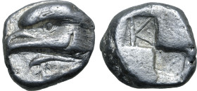 Paphlagonia, Sinope AR Drachm. Circa 425-410 BC. Head of sea eagle to left; dolphin to left below / Quadripartite incuse square with two opposing quar...