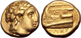 Bithynia, Kios AV Stater. Circa 340-330. Agathokles, magistrate. Laureate head of Apollo to right / Prow of war galley to left, ornamented with a star...