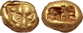 Ionia, uncertain mint EL Hekte. Circa 600-550 BC. Lydo-Milesian standard. Facing head of lion or panther within triangular incuse on a raised area / T...