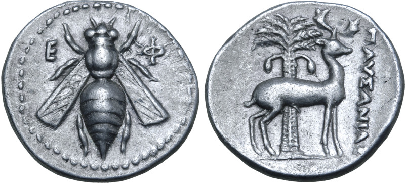 Ionia, Ephesos AR Drachm. Circa 202-150 BC. Pausanias, magistrate. Bee with stra...