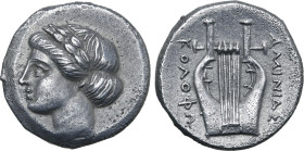 Ionia, Kolophon AR Drachm. Reduced Rhodian standard. Circa 310-294 BC. Aminias, magistrate. Laureate head of Apollo to left / Kithara; ΚΟΛΟΦΩ[Ν] to le...