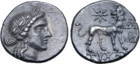 Ionia, Miletos AR Drachm. Circa 225-190 BC. Tychon, magistrate. Laureate head of Apollo to right / Lion standing to right, looking back at star with e...