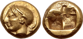 Ionia, Phokaia EL Hekte. Circa 521-478 BC. Archaic female head to left, wearing helmet or close fitting cap; seal downwards behind / Quadripartite inc...