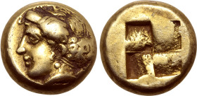 Ionia, Phokaia EL Hekte. Circa 400 BC. Head of nymph to left, her curly hair bound in an ampyx with a net behind, wearing pendant earring / Quadripart...