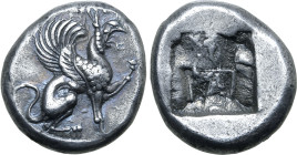 Ionia, Teos AR Drachm. Circa 540-510 BC. Griffin seated to right, left forepaw raised / Quadripartite incuse square. Balcer 43 (A-/P67 [unlisted obv. ...