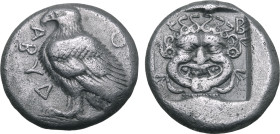 Troas, Abydos AR Drachm. Circa 460-430 BC. Eagle standing to left with wings closed; ABYΔ[HИ]O[И] across fields / Facing gorgoneion, tongue protruding...