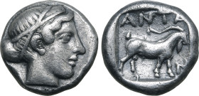 Troas, Antandros AR Hemidrachm. Circa 440-400 BC. Head of Artemis Astyrene to right / ANTA-N, goat standing to right within incuse square. Boston MFA ...