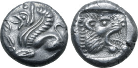 Troas, Assos AR Drachm. Circa 500-450 BC. Griffin seated to left, raising right forepaw / Head of roaring lion to right within incuse square. Boston M...