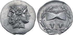 Islands off Troas, Tenedos AR Tetradrachm. Circa 100-80 BC. Janiform head of a laureate bearded male to left and female to right, wearing stephanos / ...