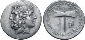 Islands off Troas, Tenedos AR Tetradrachm. Circa 100-80 BC. Janiform head of a laureate bearded male to left and female to right, wearing stephanos / ...