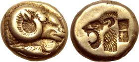 Lesbos, Mytilene EL Hekte. Circa 521-478 BC. Head of ram to right; below, cockerel standing to left / Incuse head of lion to left; rectangular punch t...