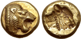 Lesbos, Mytilene EL Hekte. Circa 521-478 BC. Head of roaring lion to right / Incuse head of calf to right; rectangular punch behind. Bodenstedt 13; SN...