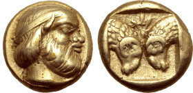 Lesbos, Mytilene EL Hekte. Circa 454-427 BC. Head of aged satyr to right, wearing taenia / Confronted rams' heads, palmette in upper central field; al...