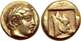 Lesbos, Mytilene EL Hekte. Circa 454-427 BC. Laureate head of Apollo to right / Head of calf to right within incuse square. Bodenstedt 56; Traité II 2...