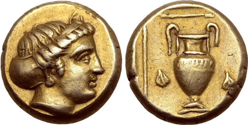 Lesbos, Mytilene EL Hekte. Circa 377-326 BC. Nymph head to right, hair in sphend...