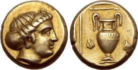 Lesbos, Mytilene EL Hekte. Circa 377-326 BC. Nymph head to right, hair in sphendone / Amphora flanked by two ivy leaves, all within linear rectangle. ...