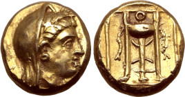 Lesbos, Mytilene EL Hekte. Circa 377-326 BC. Veiled head of Demeter to right, wearing wreath of grain / Tripod decorated with two fillets hanging at s...