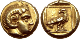 Lesbos, Mytilene EL Hekte. Circa 377-326 BC. Head of youth to right, with ram’s horn / Eagle standing to right, head reverted, within linear frame; al...