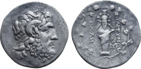 Lesbos, Mytilene AR Tetradrachm. Circa 160s BC. Laureate head of Zeus-Ammon to right / Xoanon of bearded Dionysos facing, wearing polos; MYTIΛH-NAΩN f...