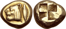 Mysia, Kyzikos EL Stater. Circa 550-500 BC. Head of roaring lioness to left; tunny fish upward behind / Quadripartite incuse square. Von Fritze I 39; ...