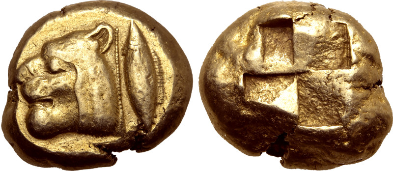 Mysia, Kyzikos EL Stater. Circa 550-500 BC. Head of roaring lioness to left; tun...