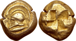 Mysia, Kyzikos EL Stater. Circa 500-450 BC. Corinthian helmet with large crest to left; tunny fish below / Quadripartite incuse square. Von Fritze I 8...