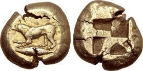 Mysia, Kyzikos EL Stater. Circa 500-450 BC. Dog standing to left, fore-paw raised; tunny fish to left below / Quadripartite incuse square. Von Fritze ...