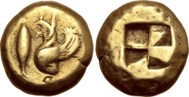 Mysia, Kyzikos EL Stater. Circa 500-450 BC. Forepart of griffin to left, with curved wing and long upright ears; tunny fish downward before / Quadripa...