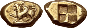 Mysia, Kyzikos EL Stater. Circa 500-450 BC. Roaring griffin standing to left on tunny fish, right foreleg raised and tongue protruding / Quadripartite...