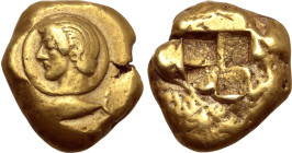 Mysia, Kyzikos EL Stater. Circa 500-450 BC. Head of ephebos to left on disk; tunny fish to left below / Quadripartite incuse square. Von Fritze I 105;...