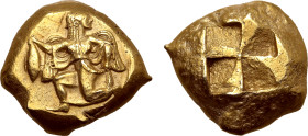 Mysia, Kyzikos EL Stater. Circa 550-450 BC. Nike (or Iris?) advancing to left, head to right, wings spread, holding a tunny fish by the tail and the h...