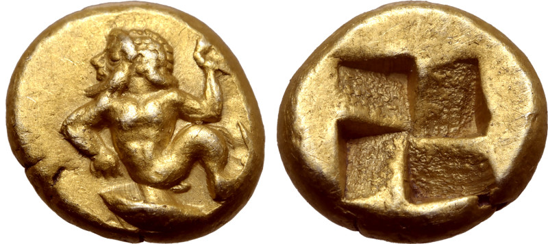 Mysia, Kyzikos EL Hemihekte. Circa 550-450 BC. Triton reclining to left, holding...