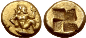 Mysia, Kyzikos EL Hemihekte. Circa 550-450 BC. Triton reclining to left, holding wreath in raised left hand, leaning on left elbow; tunny fish to left...