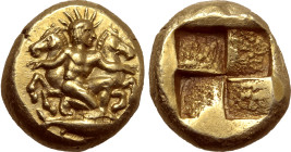 Mysia, Kyzikos EL Hekte. Circa 450-350 BC. Helios, radiate, crouching nude to right, holding the reins of two horses, the foreparts of which are visib...