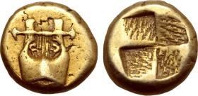 Mysia, Kyzikos EL Hemihekte - 1/12 Stater. Circa 500-450 BC. Kithara; [tunny fish to right below] / Quadripartite incuse square. Cf. Von Fritze I 181 ...